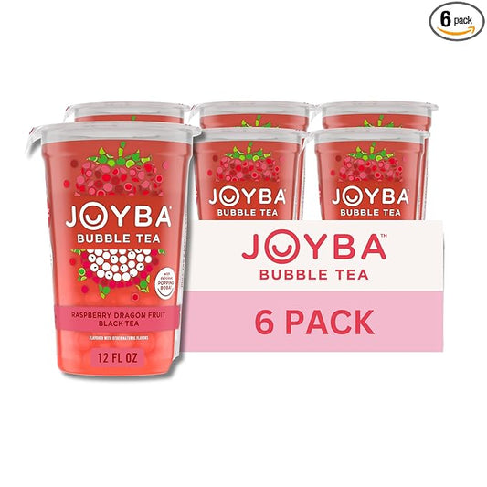 Joyba Bubble Tea Raspberry Dragon Fruit Black Tea with Popping Boba, 6 Pack, 12 fl. oz. Cups
