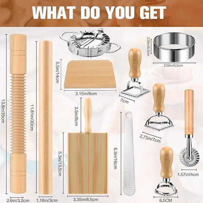 11 Pcs Pasta Making Tools Kit - Includes Wooden Gnocchi Board with Ravioli Stamp Cutter, Threaded Rolling Pin, Dumpling and Pasta Maker - Gift for Homemade kitchen Baking Lovers