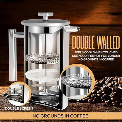 French Press Coffee Maker,Stainless Steel Double Wall Insulated Coffee Press 34 oz,4-8 Cups, Portable Hot Cold Brew Teapot Cafetera for Coffee Bar Accessories Kitchen Camping (White,34oz)