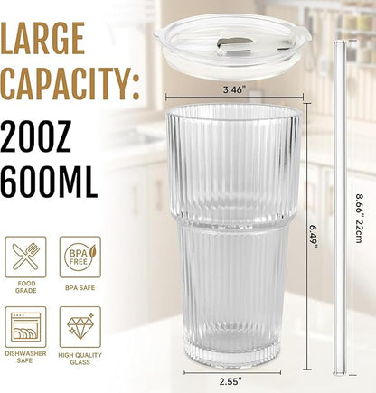 20oz Ribbed Glass Cups with Lids and Straws, Vintage Glass Tumbler with Straw, 2 Piece Iced Coffee Cups Set, Thicked Wall Drinking Glasses Ideal for Coffee