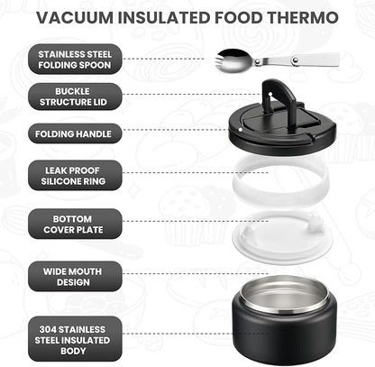 Soup Thermo for Hot Food Kids 13.5oz Lunch Containers with Buckle Lid Wide Mouth Hot Food Jar Vacuum Insulated Stainless Steel Bento Box Leakproof with Spoon(Black)