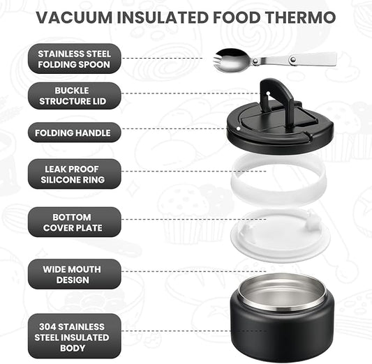 Soup Thermo for Hot Food Kids 13.5oz Lunch Containers with Buckle Lid Wide Mouth Hot Food Jar Vacuum Insulated Stainless Steel Bento Box Leakproof with Spoon(Black)
