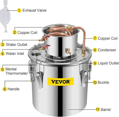 VEVOR Alcohol Still 8Gal/30L Alcohol Distiller Stainless Steel Distillery Kit for Alcohol With Copper Tube & Pump Home Brewing Kit Build-in Thermometer for DIY Whisky Wine Brandy