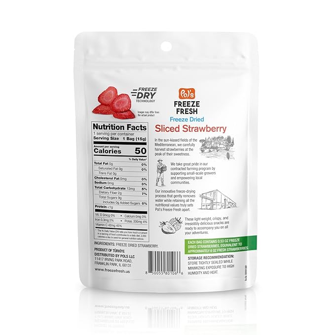 Pol’s Freeze Fresh - 12 Pack Sliced Freeze-Dried Strawberries (0.53 Oz Each), No Sugar, Non-GMO, Kosher, Vegan, Gluten-Free, Single-Serve Packs