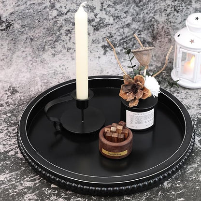 Black Round Wood Decorative Ottoman Tray for Coffee Table Kitchen Counter, Living Room, Handcrafted Wooden Serving Tray for Table Centerpiece