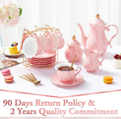 DUJUST 22 pcs Porcelain Tea Set for 6, Luxury British Style Tea/Coffee Cup Set with Golden Trim, Beautiful Tea Set for Women, Tea Party Set, Gift Package (With a Stand) - Pink