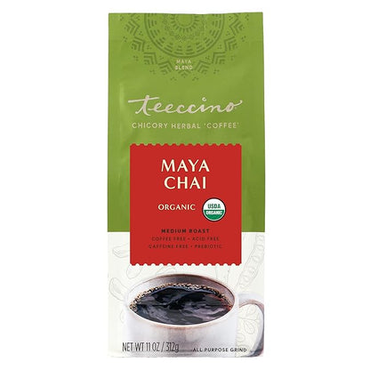 Teeccino Maya Chai Chicory Coffee Alternative - Ground Herbal Coffee That’s Prebiotic, Caffeine-Free & Acid Free, Medium Roast, 11 Ounce (Pack of 3)