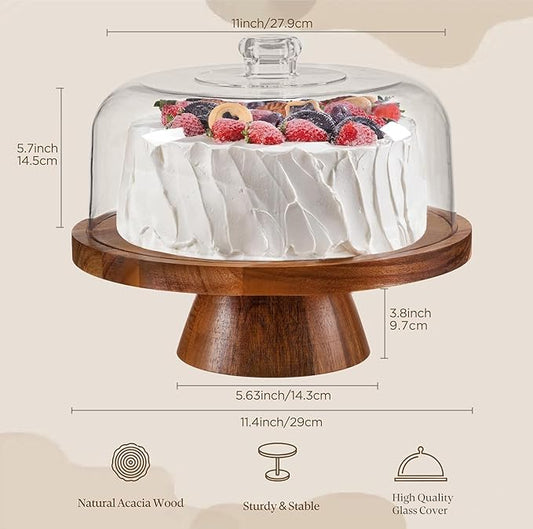 HBlife Cake Stand with Glass Lid (11.4"), Multifunctional Cake Stand with Dome, Acacia Wood 6-in-1 Cake Plate Display Stand with Cover for Baking Gifts, Birthday Kitchen Parties, Weddings