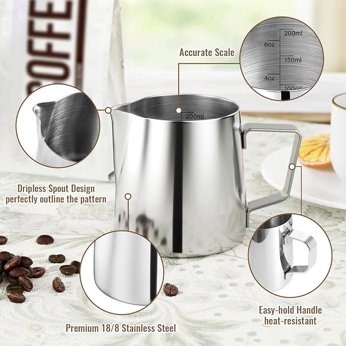 HULISEN Milk Frothing Pitcher, 6.8oz/200ml Stainless Steel Milk Frother Cup, Small Steaming Pitcher for Espresso Machine, Latte Art Pour Cup