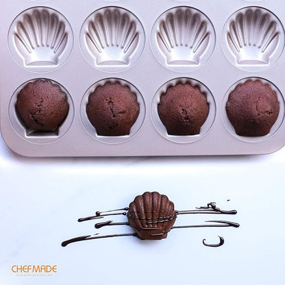 CHEFMADE Madeleine Mold Cake Pan, 12-Cavity Non-Stick Scallop Madeline Bakeware for Oven Baking (Champagne Gold)