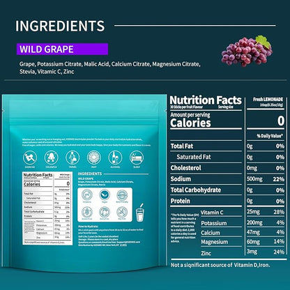 Electrolytes Powder Packets, 30 Sticks Hydration Packets Sugar Free, Electrolyte Drink Mix Portable Electrolyte Packets for Rapid Hydration, 0 Sugar & 0 Calorie, Grape Flavor