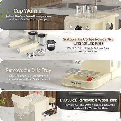 White Espresso Machine with Milk Frother, Cappuccino Machines for Home, Coffee Espresso Machine Suitable for Coffee Powder/NS Original Capsules, Espresso Maker with Thermometer