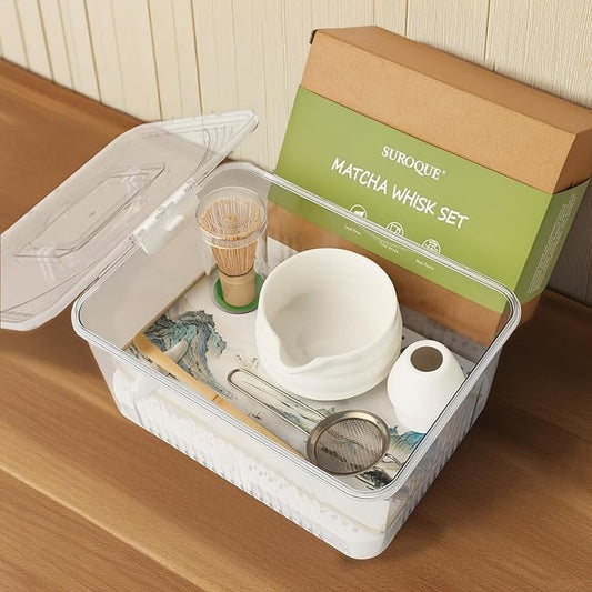 Matcha Whisk Set with Storage Box – 8 Pcs Matcha Tea Set Includes White Matcha Bowl, Whisk & Holder, Scoop & Rest, Sifter, Tea Cloth – Complete Japanese Matcha Set for Tea Lovers & Gift Giving