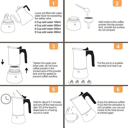 Uncoated 6 Cup Moka Pot 304 Thickened Stainless Steel Coffee Maker Stovetop Espresso Coffeemaker Italian Classic Style Brewing Greca Cafe Mocha Machine for Cafeteras Camping Travel Home 300ml 10oz
