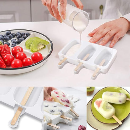 Ouddy Life Popsicle Molds Set of 2, Ice Pop Molds Silicone 4 Cavities Ice Cream Mold Oval Cake Pop Mold with 50 Wooden Sticks for DIY Popsicle, White