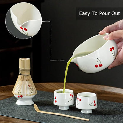 Red Cherries Matcha Whisk Set with Matcha Bowl, Bamboo Whisk, Scoop, and Whisk Holder, Hand-Painted Cute Matcha Set for Matcha Lovers & Tea Ceremony