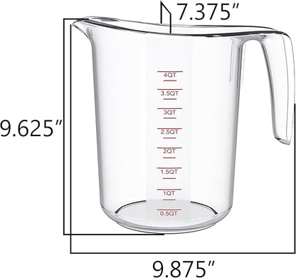 DaYammi Measuring Cups 4-Piece, Unbreakable Food-Grade Plastic Measuring Cup for Dishwasher, 16-Cup Liquid Measuring Cups for Prepping, Baking, Cooking, Readable Markings, 4-Quart/4L, Clear