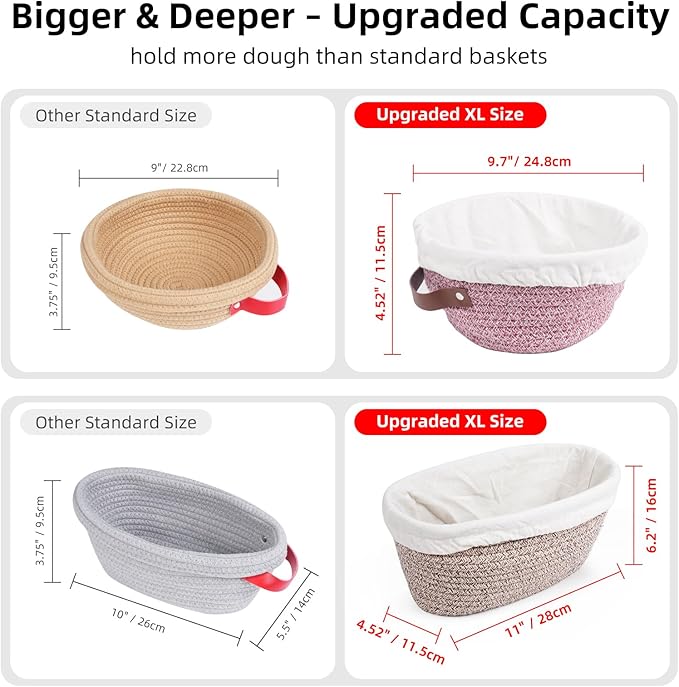 Stackable Cotton Banneton Proofing Basket Set– 2-Pack Bread Baskets (Round + Oval) With Cotton Lids, Sourdough Baking Kit for Home Bakers