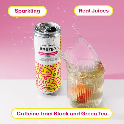 WellWithAll Energy Drink - Natural Caffeine from Tea - Healthy Energy Drink - Lightly Sparkling - Blend of Fruit and Veggie Juices - 12 Oz (Pack of 12) (12 Fl Oz (Pack of 12), Strawberry Lemonade)