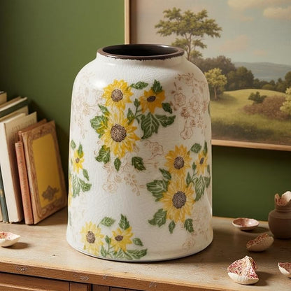 Vintage Ceramic Vase, 7.9 Inch Chinoiserie Sunflower Yellow Floral Vases, Retro Ice Cracked Rustic Antique Flower Vases for Modern Coffee Table Home Decor (Medium Cylinder)