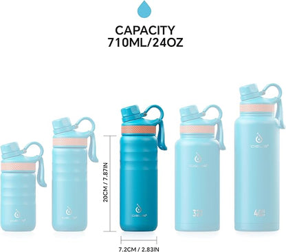 IDEUS Insulated Stainless Steel Water Bottle with 2 Leak-Proof Lids, Thermal Water Flask for Hiking Biking, 24oz, Blue Atoll
