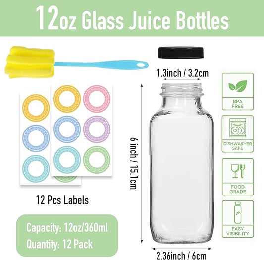12 pack 12 oz Glass Juice Bottles with Lids, 360 ml Reusable Glass Water Bottles, Empty Drink Containers Drinking Jars with Brush, for Milk, Juicing, Kombucha, Ginger