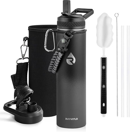 Insulated Water Bottle 24oz, Triple Wall Vacuum Stainless Steel (Cold for 48 Hrs, Hot for 24Hrs), Leak Proof & Non-BPA, 24oz Hydro Water Flask with Paracord Handle & Straw Spout Lids