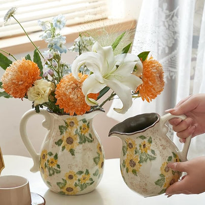 Vintage Vase with Handle, 6 Inch Ceramic Pitcher Sunflower Floral Vase, Rustic Farmhouse Vases for Grandma Core Home Decor, Bookshelf Office Tuscan Decor (Small Teapot)