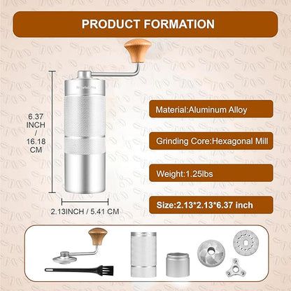 M6 Manual Coffee Grinder,Conical Hexagonal Burr & Double Bearings for Smooth Grinding,Portable Mini Hand Coffee Grinder for Espresso Pour Over French Press at Home or Camping Travling