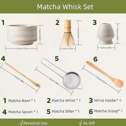 Matcha Whisk Set, Ceramic Matcha Set with Bowl, Matcha Whisk and Holder, Sifter, Bamboo Spoon, Scoop, 6Pcs Ceremony Matcha Kit for Tea Lovers Making Breakfast/Latte