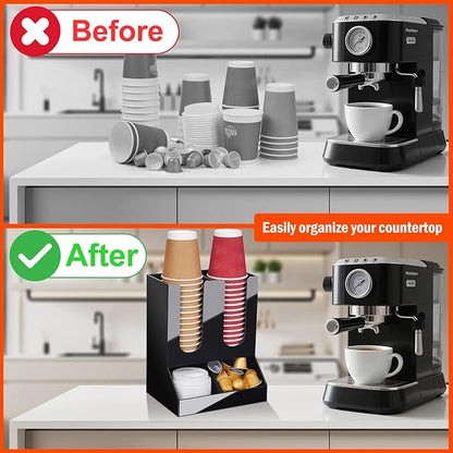 MYITYARD Coffee Station Organizer, Coffee Cup Holder for Countertop, Cup and Lid Dispenser with 4 Compartment, Coffee Bar Accessories Organizer for Home, Kitchen, Office and Breakroom
