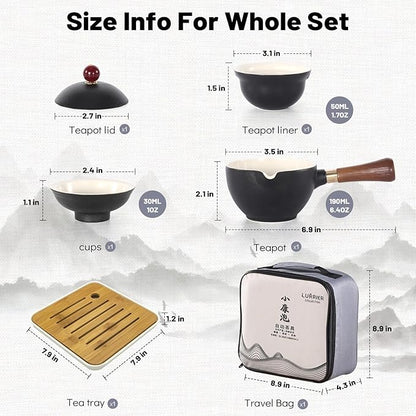 LURRIER Porcelain Chinese Gongfu Tea Set,Portable Teapot Set with 360 Rotation Tea maker and Infuser,Portable All in One Gift Bag for Travel,Home,Gifting,Outdoor and Office (Black)