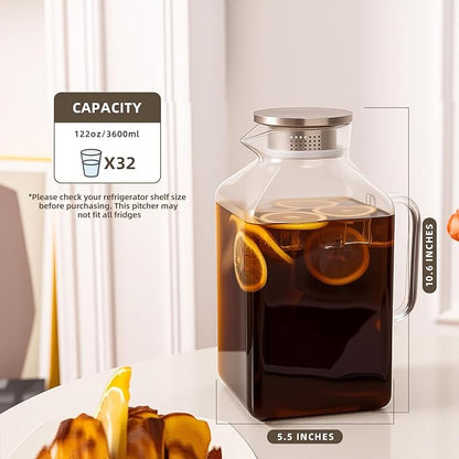 Glass Pitcher, 3.6L Glass Water Pitcher with Tight Stainless Steel Lid, Heat Resistant Borosilicate Glass Carafe, Temperature Safe (MG10)