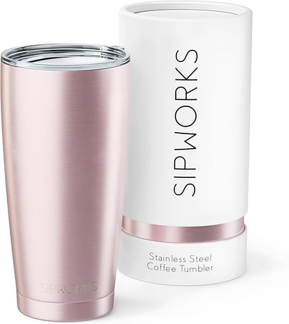 Stainless Steel Coffee Tumblers with Lids - 20z Double Walled Vacuum Insulated for Hot & Cold Drinks - Spill Resistant Travel Tumbler - Rose Gold