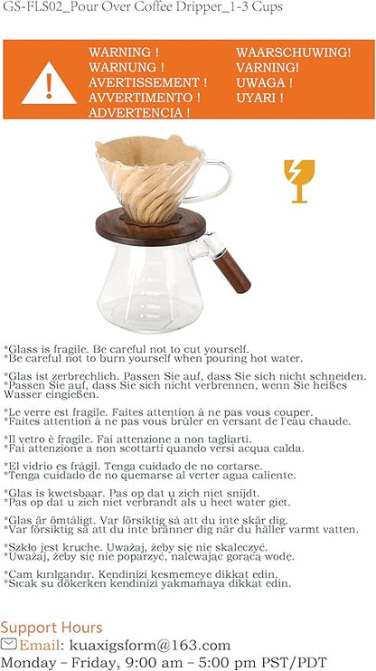 Pour Over Coffee Maker, 20 oz Borosilicate Glass Set with 100 pcs V60 Paper Filter, Coffee Dripper with Walnut Collar, Coffee Pot with Glass Lid, 1-3 Cups, Clear, (600 ml)