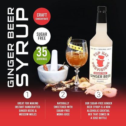 Top Hat Keto Sugar Free Diet Ginger Beer Syrup - Made with Organic Monk Fruit – Zero Sugar Ginger Syrup for Soda Makers - Makes 32 Craft Sodas, Cocktails, Mules or Mocktails - Compatible with SodaStream - 32oz bottle