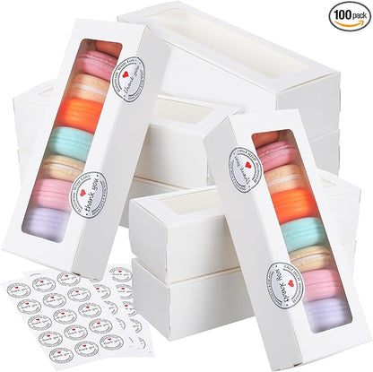 100 Pack White Macaron Boxes with Clear Window, Pastry Boxes with 100 Pcs Stickers, Packaging for 6-10 Macarons, Cookies, Truffles, Wedding DIY Gift Giving, 8x3x2 Inches