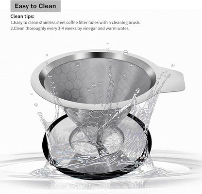 LHS Pour Over Coffee Dripper Reusable Coffee Filter Metal Cone Filter Paperless Coffee Filter Stainless Steel Pour Over Coffee Maker Single Cup Brew Coffee Filter, Double Mesh