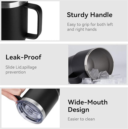 HASLE OUTFITTERS 20oz Tumbler with Lid, Stainless Steel Tumbler with Handle, Metal Insulated Travel Coffee Mug with Handle, Double Wall Vacuum Spill Proof Tumbler Cup, Black 1 Pack