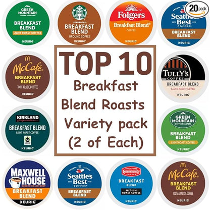 Breakfast Blend K-Cup Coffee Variety Pack, Top 10 Brands, Light & Medium Roast, 20 Count,