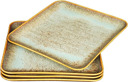 Ceramic Dinner Plates Dish Set,Set of 4,for Lunch snacks -Microwave Oven & Dishwasher Safe,Scratch Resistant,Dinnerware Kitchen Porcelain Serving Dishes,9 inch Square
