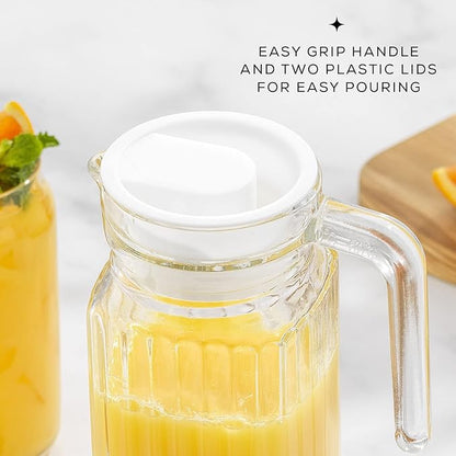 40oz Glass Pitcher with Lid (2 Lids) - Beverage Serveware, Storage Container and Carafe for Cold Drinks and Liquids. Glass Water Pitcher also for Juice, Bedside Carafe, Sun Tea Jar