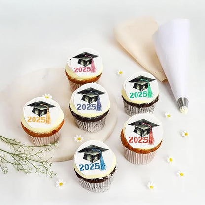Gyufise 48Pcs Edible 2025 Graduation Theme Cupcake Toppers Wafer Paper Graduate Hat Grad Cap Cupcake Picks 2025 Students Graduation Theme Party Cake Decorations Supplies Multi