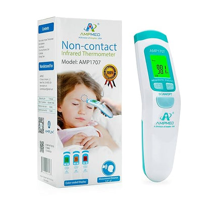 Amplim Non-Contact Forehead Thermometer & Case for Adults, Kids, Baby, FDA Cleared, Medical Grade, Touchless Infrared, 1-Sec Reading, Fever Alarm, Memory Recall, Quiet Mode, (White)