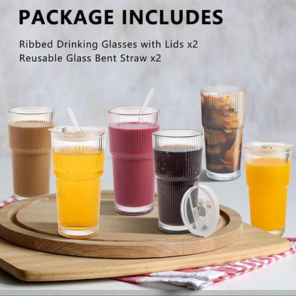 20oz Ribbed Glass Cups with Lids and Straws 4 Set, Vintage Glassware for Whiskey Cocktail Beer, Glass Tumbler, Iced Coffee Cups For Cold Drinks, Smoothie, Juice,Drinking (4)
