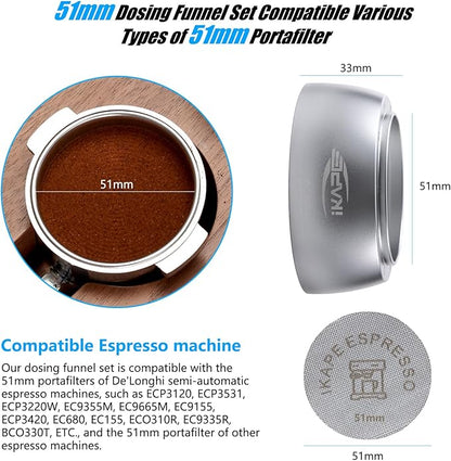 IKAPE Magnetic Dosing Funnel Set, 51MM Espresso Dosing Ring & Puck Screen Kit Compatible with Delonghi 51MM Bottomless Portafilter - with 8 Small Magnet (Silver)