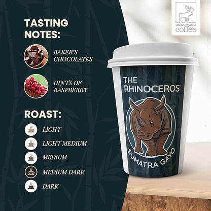 Diving Moose Coffee - The Rhinoceros Sumatra Gayo USDA Organic Medium Dark Roast (32oz / 2 LB) - Bakers Chocolate Raspberry Specialty Grade Small-Batch Roasted to Order Smooth Not Bitter
