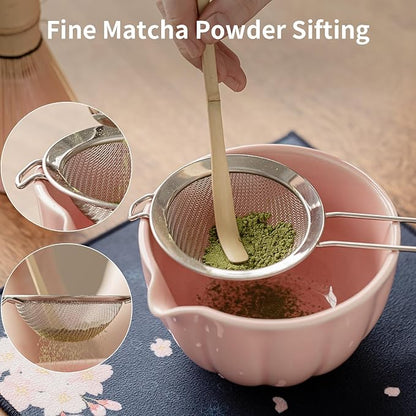 Matcha Whisk Set of 8 - HTRCXB Ceramic Matcha Set, Include Matcha Bowl, Matcha Whisk and Holder, Bamboo Scoop, Measuring Spoon, Scoop Rest, Sifter and Tea Towel - Matcha Kit Gift for Matcha Lovers