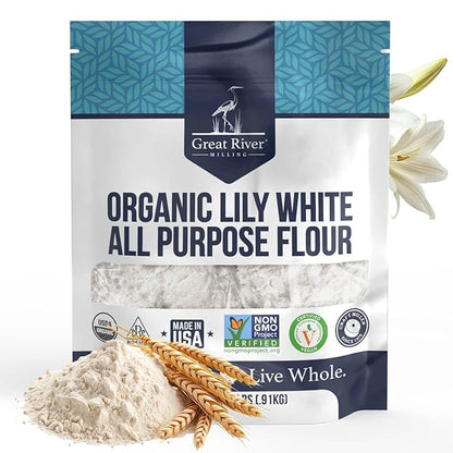 Great River Milling Lily White Organic All-Purpose Flour | Unbleached & Unbromated | Non-GMO, Kosher | Ideal for Bread, Cookies, Cakes, Pizza Dough & Everyday Baking | 2 Lb