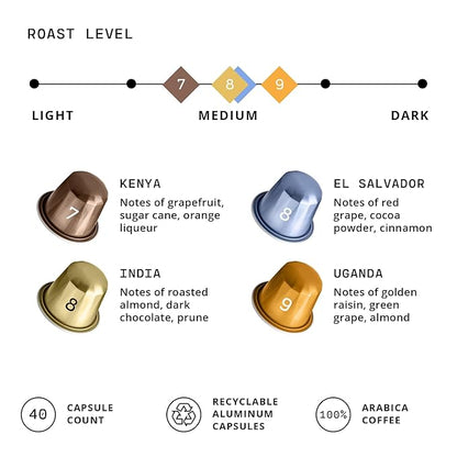 Atlas Coffee Club Espresso Pods Compatible with Nespresso Original– Medium Roast Variety Pack (40 Count)– Aluminum Capsules from Kenya, El Salvador, India & Uganda– Intensity 7–9